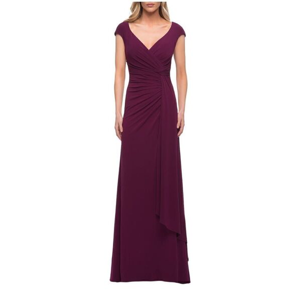 NWT La Femme Dark Berry Ruched Jersey Sheath Gown Maxi Dress Women Size 4 - Picture 1 of 13
